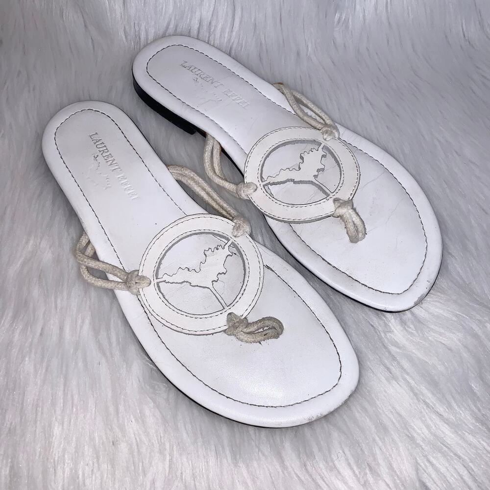Laurent Effel Leather Logo Thong Sandal Logo Flat Flip Flops, White